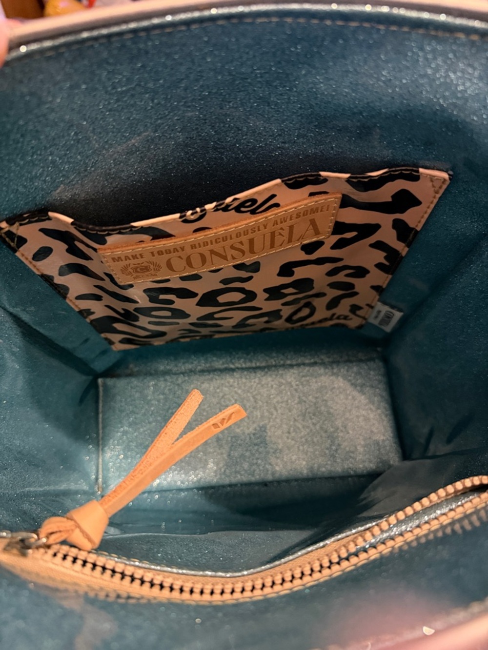 Consuela Teal Glitter Tote with Leopard Accent Pocket